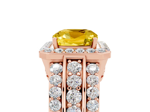 Rose gold Cushion Cut Halo Yellow Sapphire Ring with Split Shank and Four-Prong Setting_29