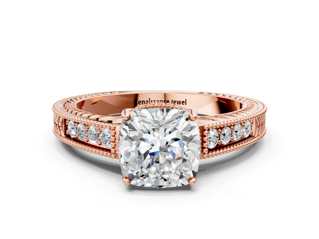 Rose gold Cushion Cut Milgrain Channel Set Engagement Ring with Solitaire Prong Setting_87
