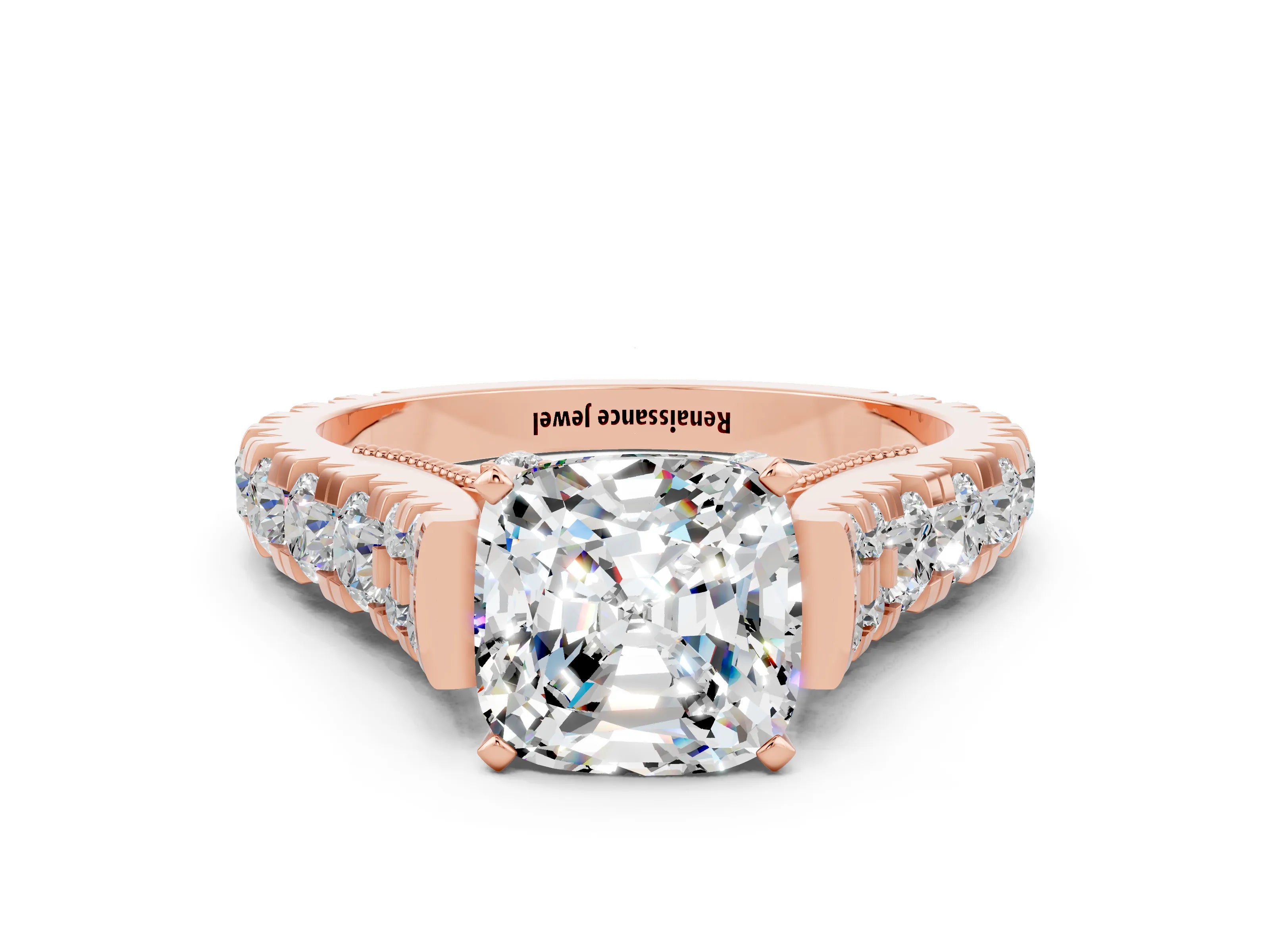 Rose gold Cushion Cut Moissanite Classic Solitaire Ring with Pavé Band and Four-Prong Setting