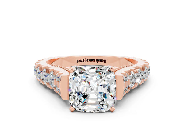 Rose gold Cushion Cut Moissanite Classic Solitaire Ring with Pavé Band and Four-Prong Setting