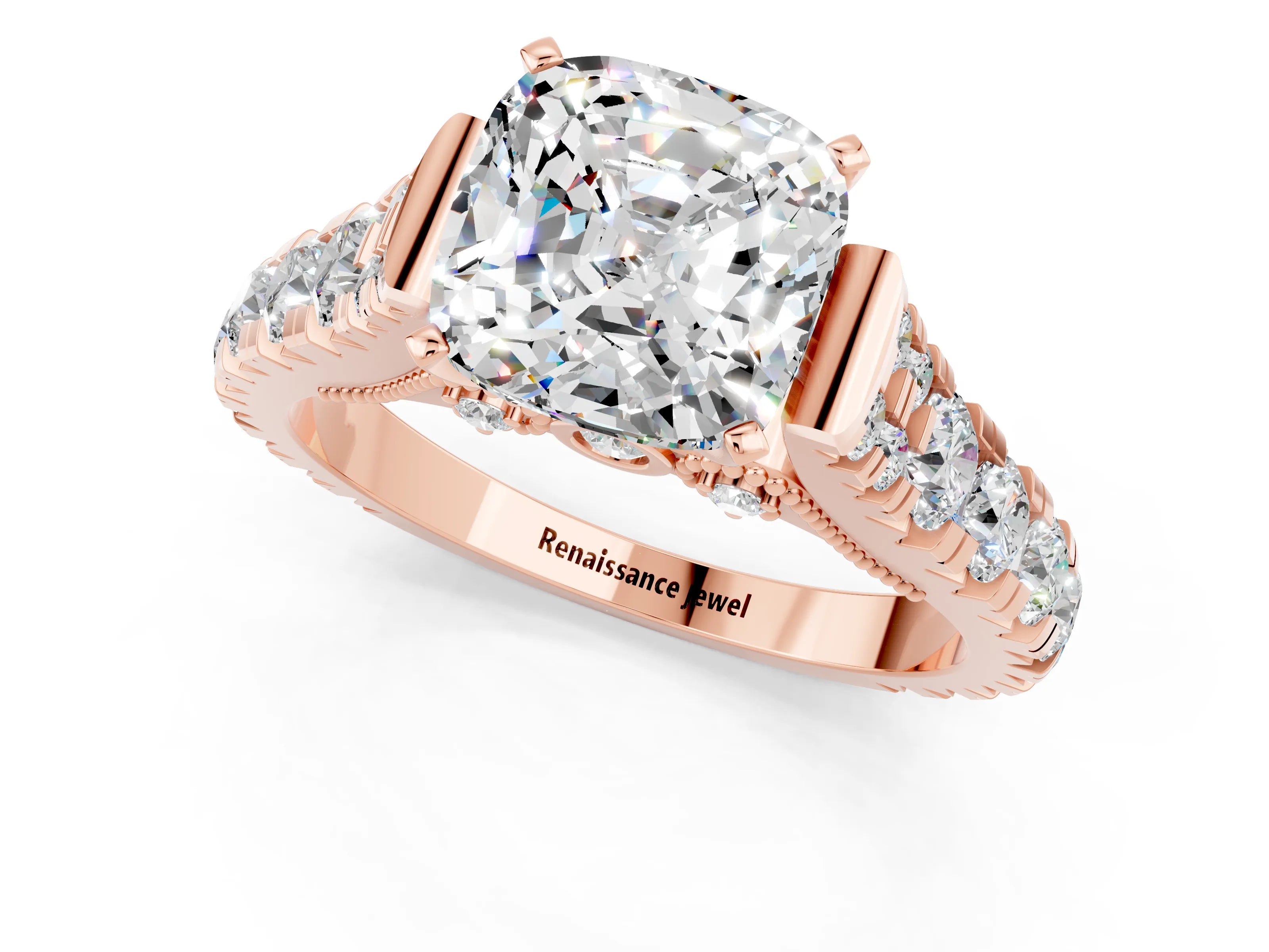 Rose gold Cushion Cut Moissanite Classic Solitaire Ring with Pavé Band and Four-Prong Setting_1