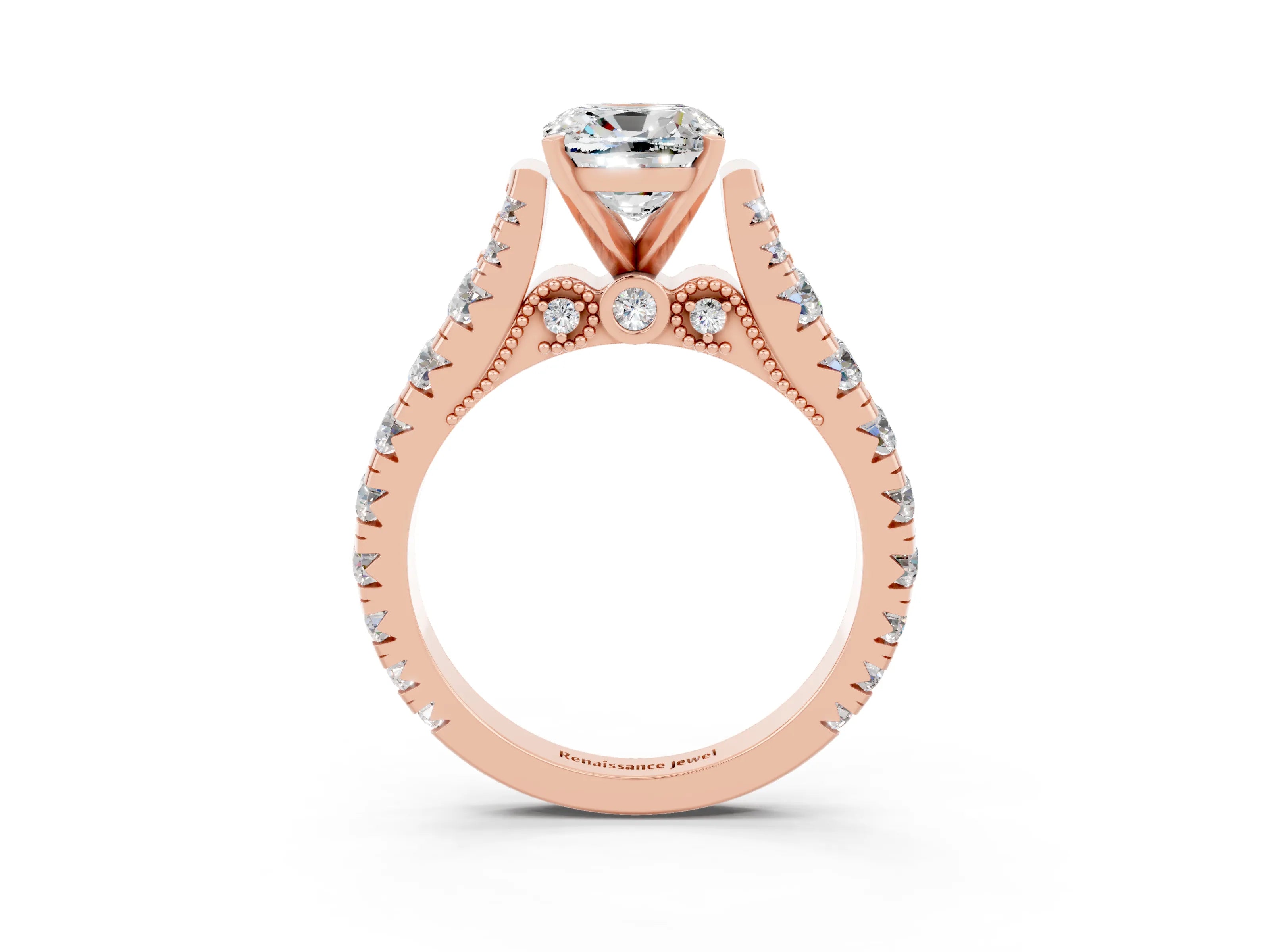 Rose gold Cushion Cut Moissanite Classic Solitaire Ring with Pavé Band and Four-Prong Setting_3