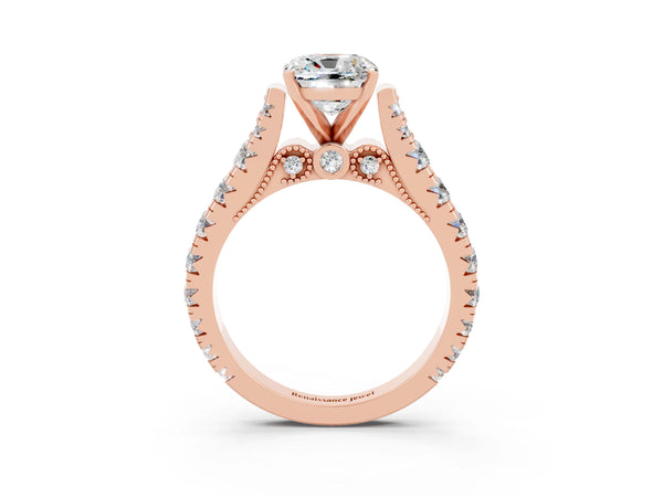 Rose gold Cushion Cut Moissanite Classic Solitaire Ring with Pavé Band and Four-Prong Setting