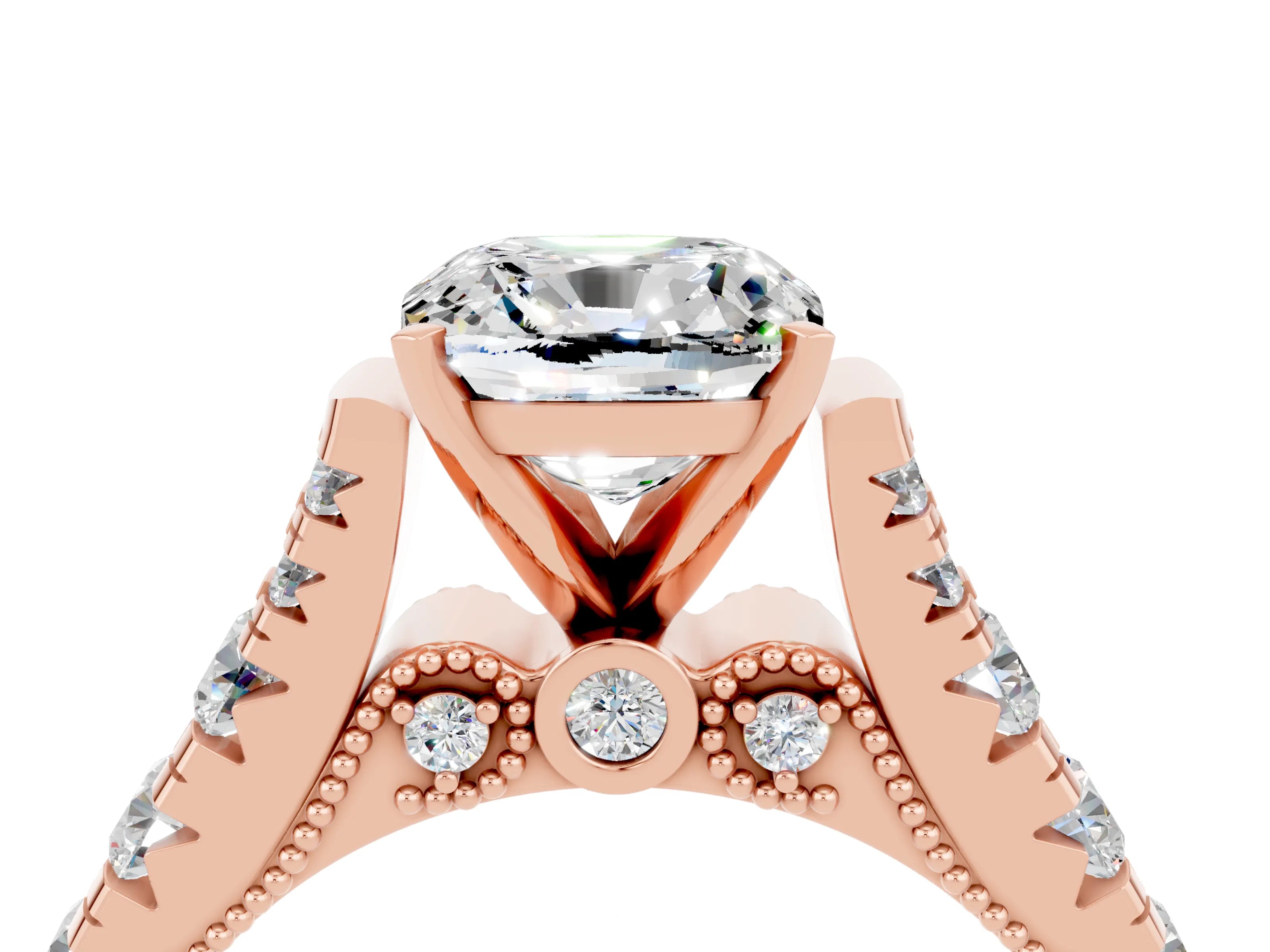 Rose gold Cushion Cut Moissanite Classic Solitaire Ring with Pavé Band and Four-Prong Setting_4