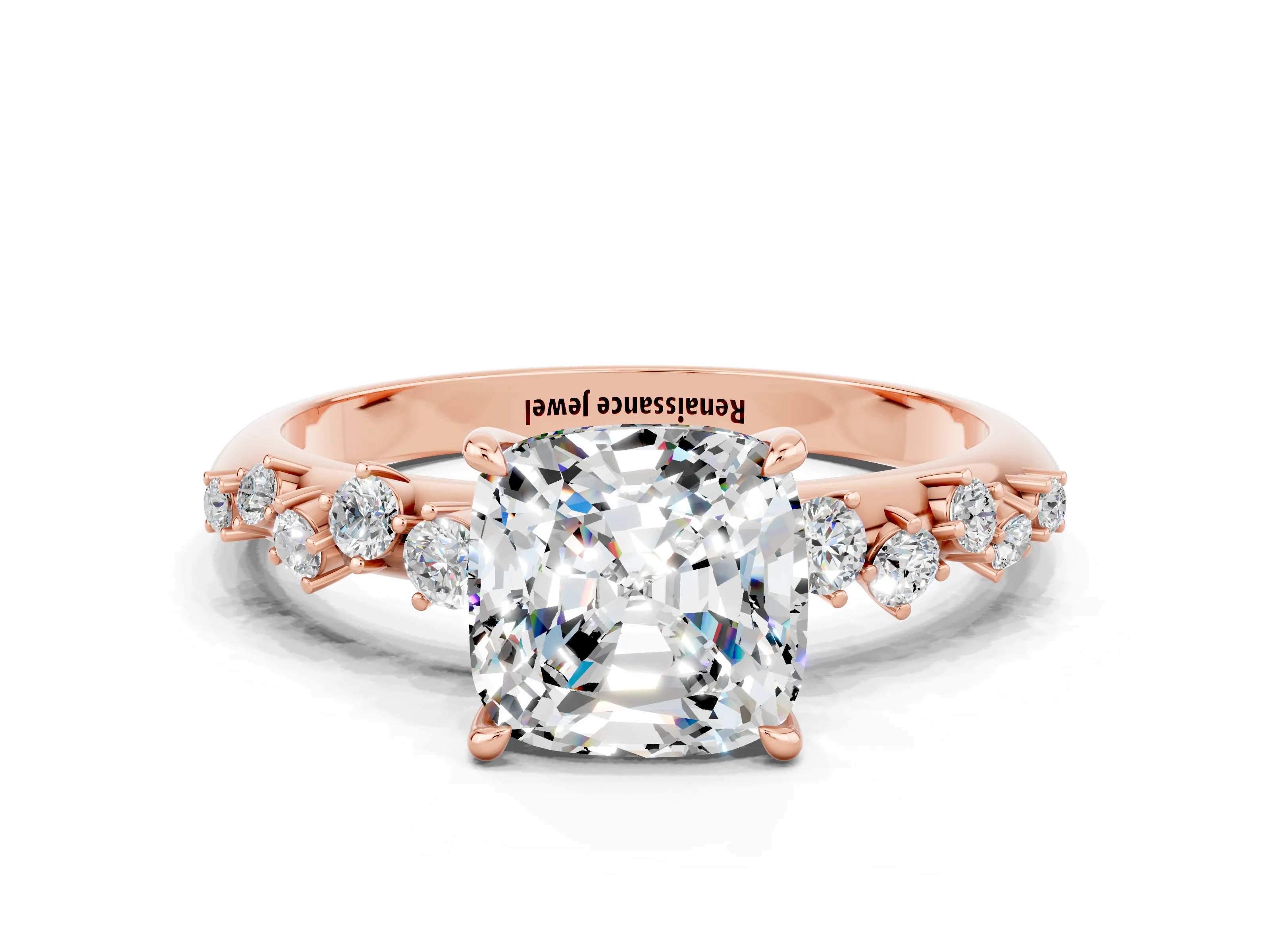 Rose gold Cushion Cut Moissanite Cluster Side Stone Solitaire Ring with Prong Setting_24