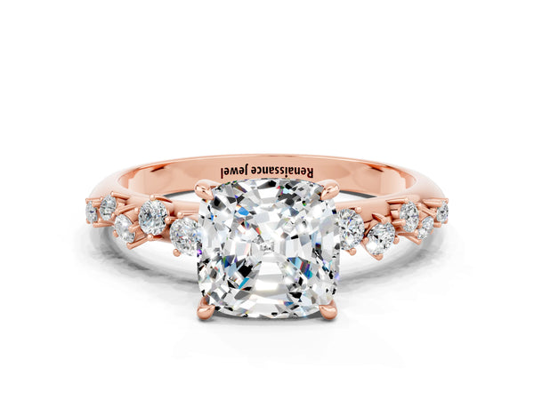 Rose gold Cushion Cut Moissanite Cluster Side Stone Solitaire Ring with Prong Setting