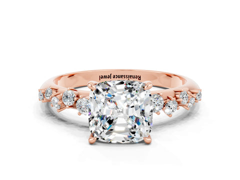 Rose gold Cushion Cut Moissanite Cluster Side Stone Solitaire Ring with Prong Setting_24