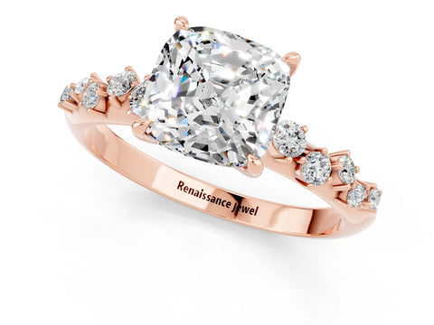 Rose gold Cushion Cut Moissanite Cluster Side Stone Solitaire Ring with Prong Setting_25