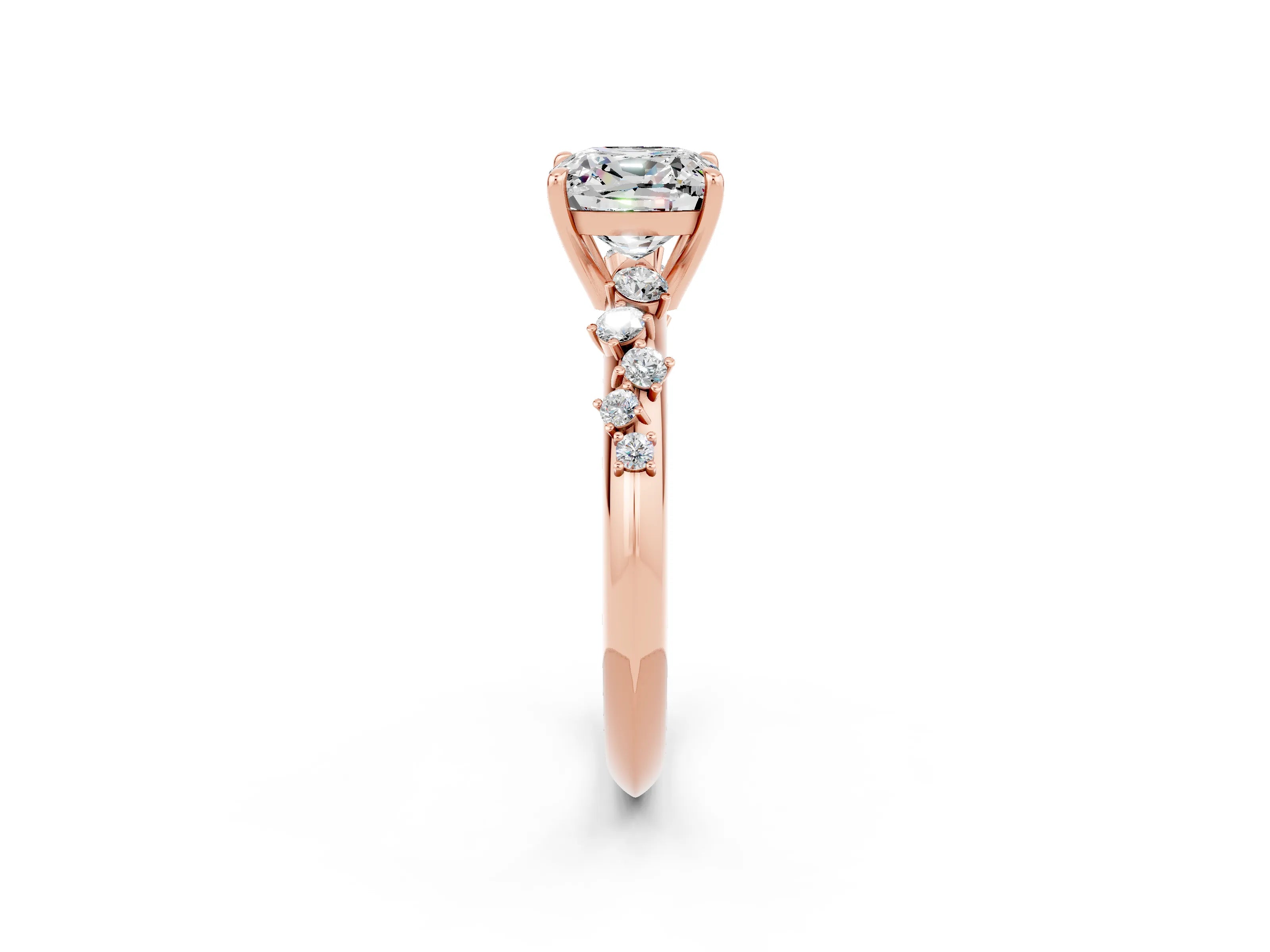 Rose gold Cushion Cut Moissanite Cluster Side Stone Solitaire Ring with Prong Setting_26
