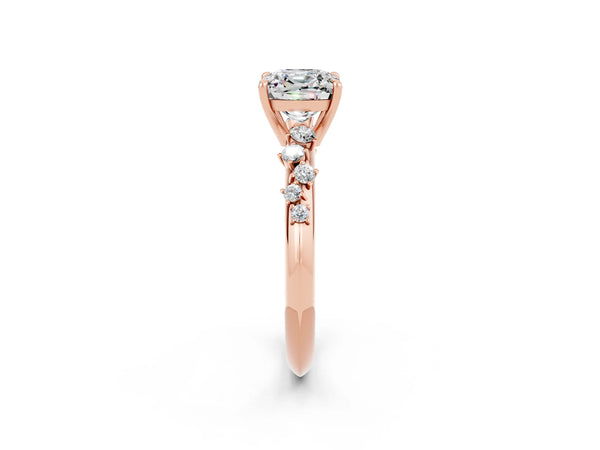 Rose gold Cushion Cut Moissanite Cluster Side Stone Solitaire Ring with Prong Setting