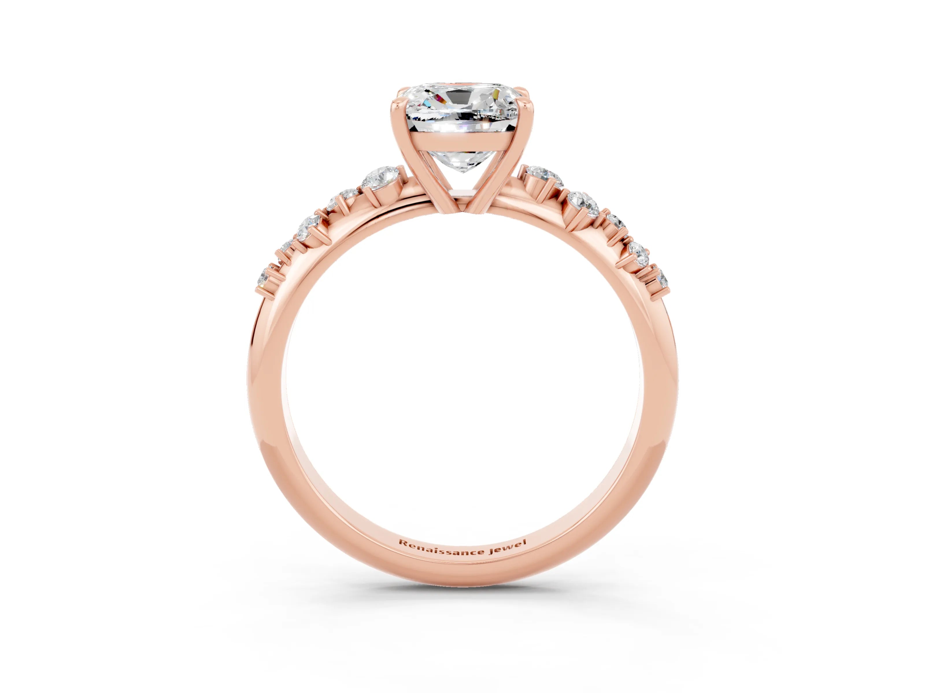 Rose gold Cushion Cut Moissanite Cluster Side Stone Solitaire Ring with Prong Setting_27