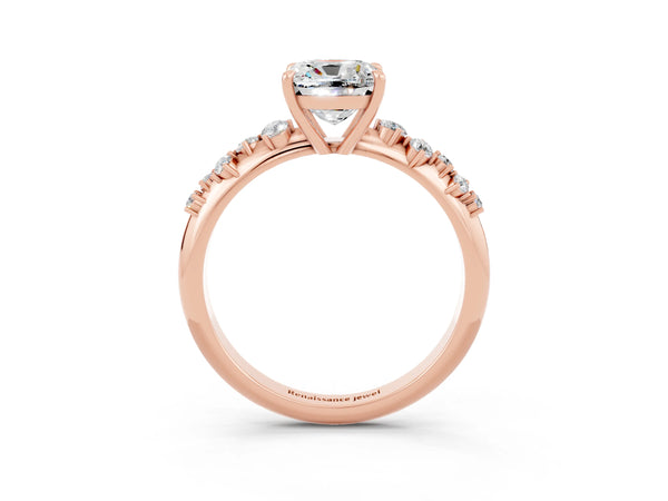 Rose gold Cushion Cut Moissanite Cluster Side Stone Solitaire Ring with Prong Setting