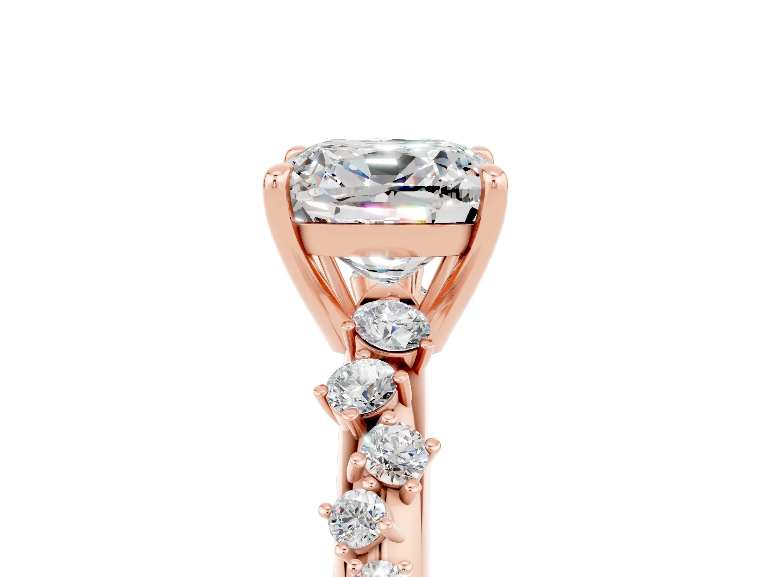 Rose gold Cushion Cut Moissanite Cluster Side Stone Solitaire Ring with Prong Setting_29