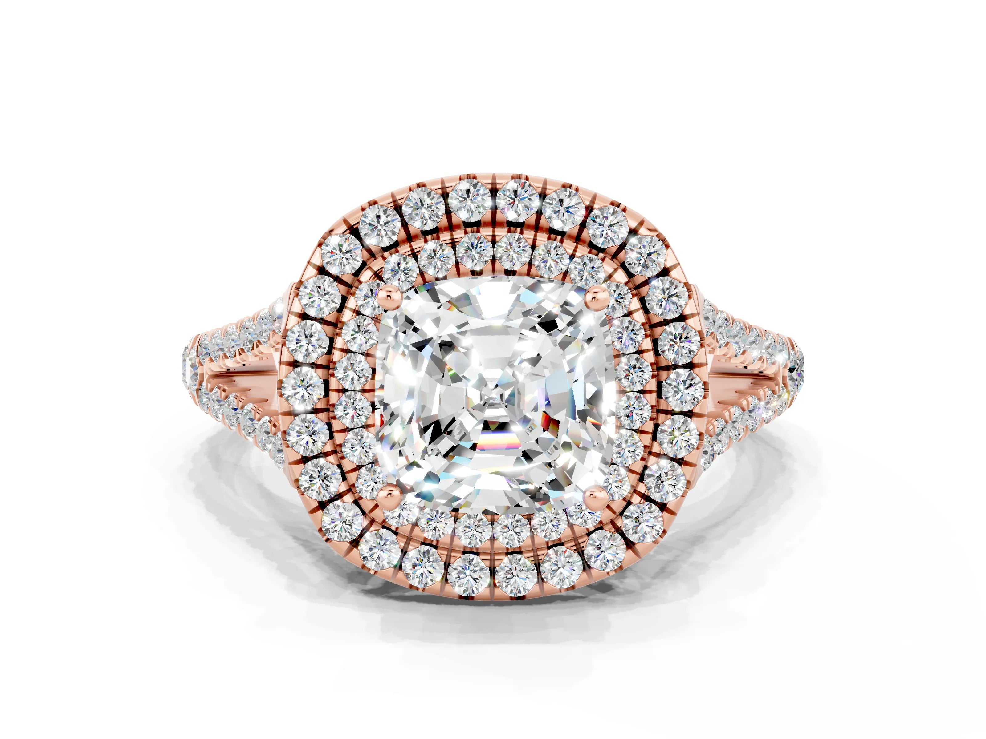 Rose gold Cushion Cut Moissanite Double Halo Ring with Pavé Band and Prong Setting_12