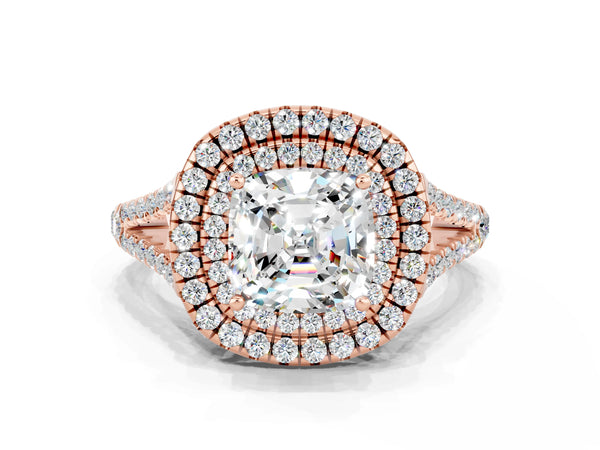 Rose gold Cushion Cut Moissanite Double Halo Ring with Pavé Band and Prong Setting