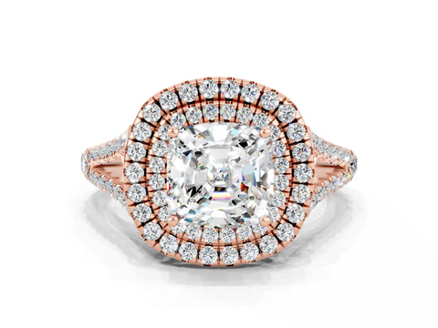 Rose gold Cushion Cut Moissanite Double Halo Ring with Pavé Band and Prong Setting_12