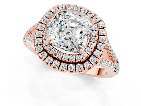 Rose gold Cushion Cut Moissanite Double Halo Ring with Pavé Band and Prong Setting_13