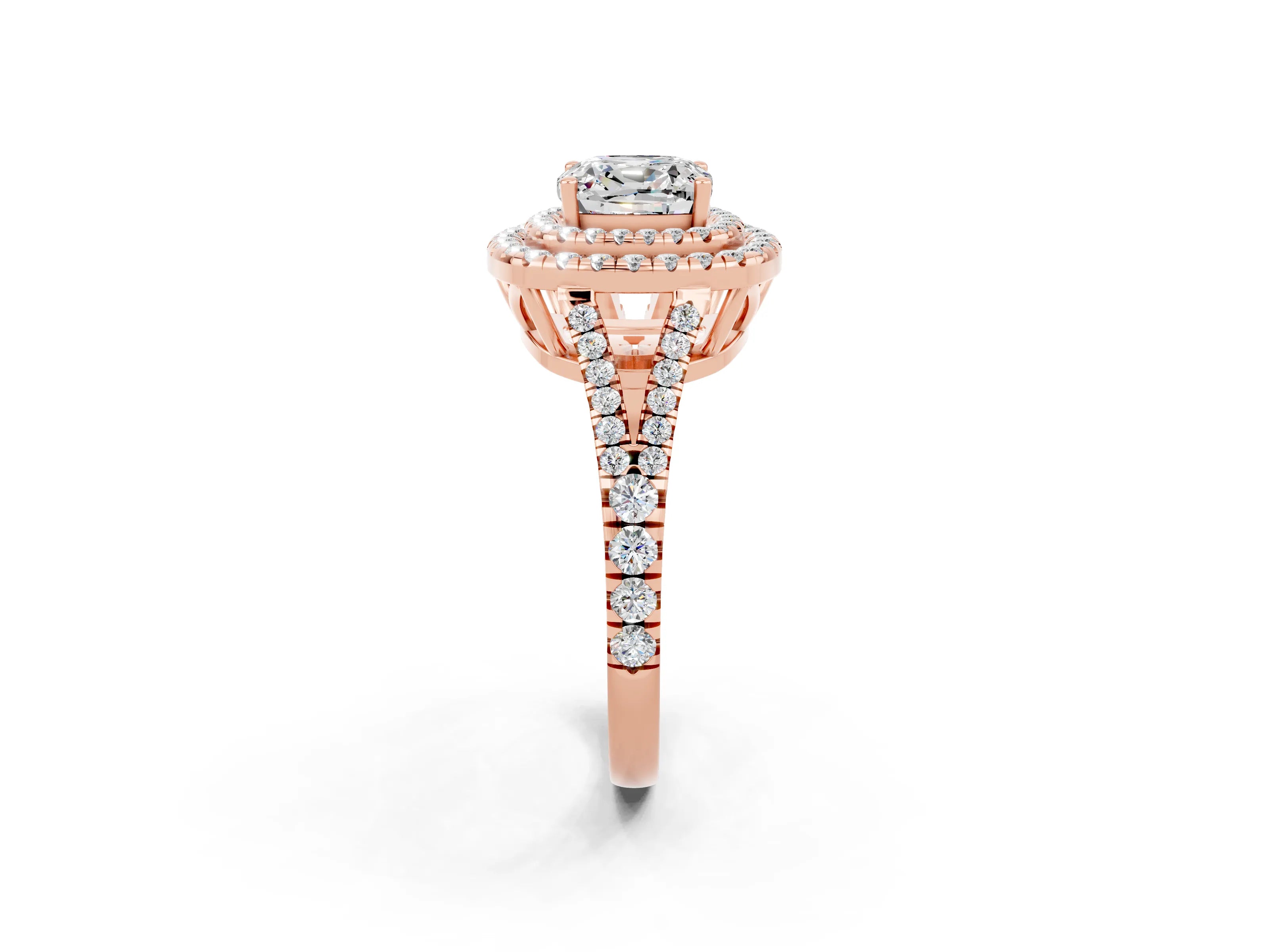 Rose gold Cushion Cut Moissanite Double Halo Ring with Pavé Band and Prong Setting_14
