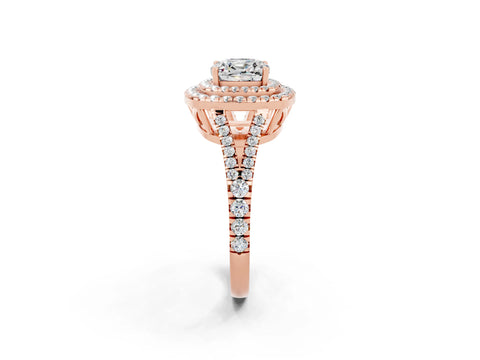 Rose gold Cushion Cut Moissanite Double Halo Ring with Pavé Band and Prong Setting_14