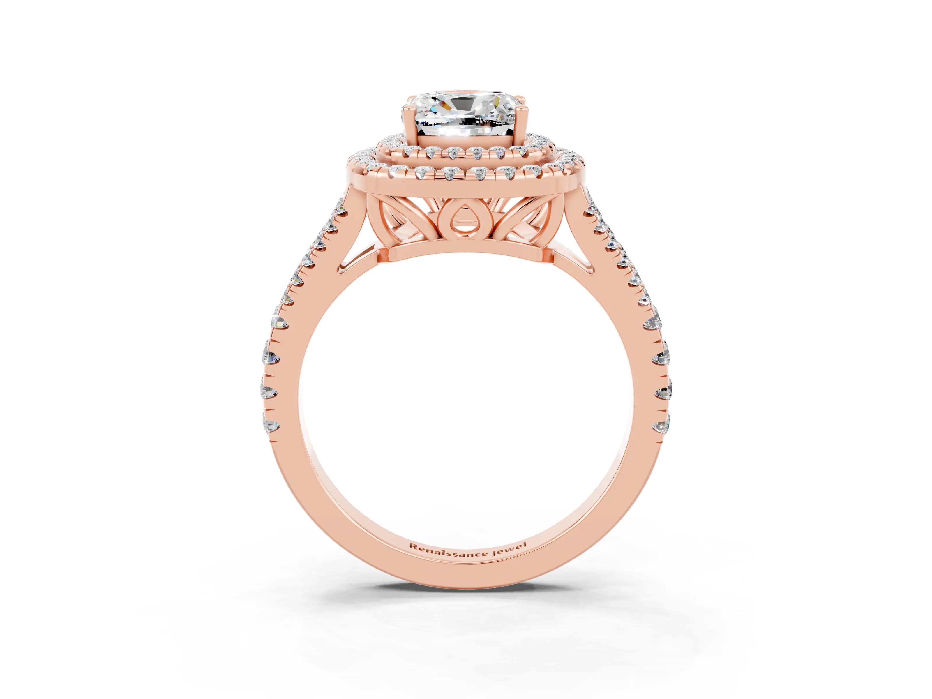 Rose gold Cushion Cut Moissanite Double Halo Ring with Pavé Band and Prong Setting_15