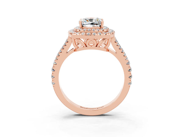 Rose gold Cushion Cut Moissanite Double Halo Ring with Pavé Band and Prong Setting