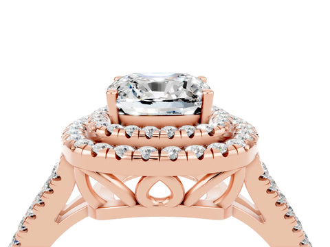 Rose gold Cushion Cut Moissanite Double Halo Ring with Pavé Band and Prong Setting_16