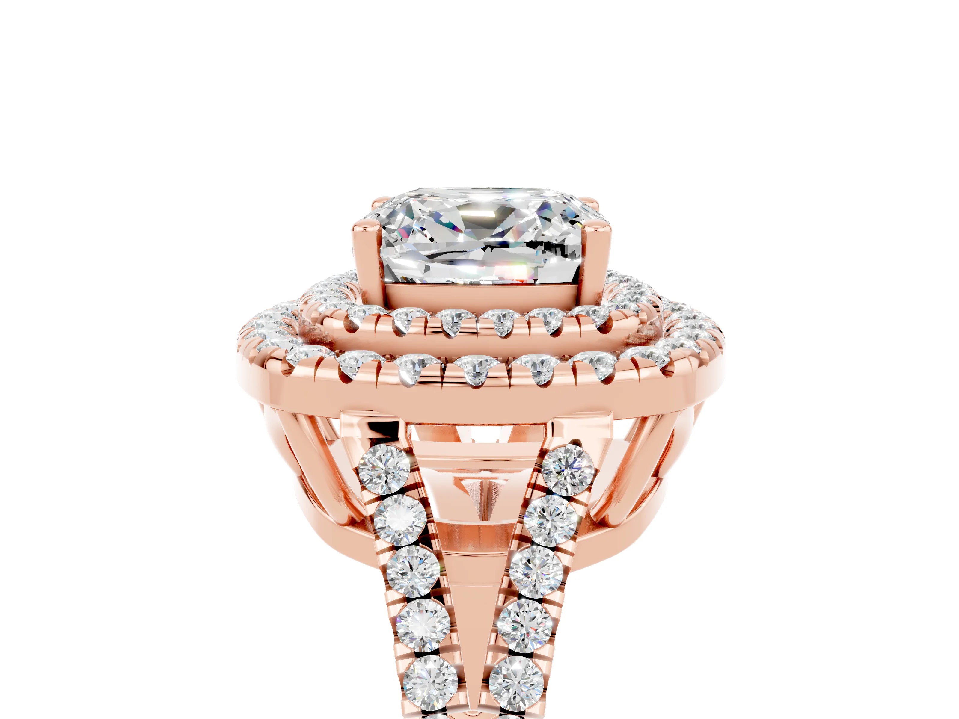 Rose gold Cushion Cut Moissanite Double Halo Ring with Pavé Band and Prong Setting_17
