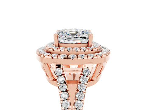 Rose gold Cushion Cut Moissanite Double Halo Ring with Pavé Band and Prong Setting_17