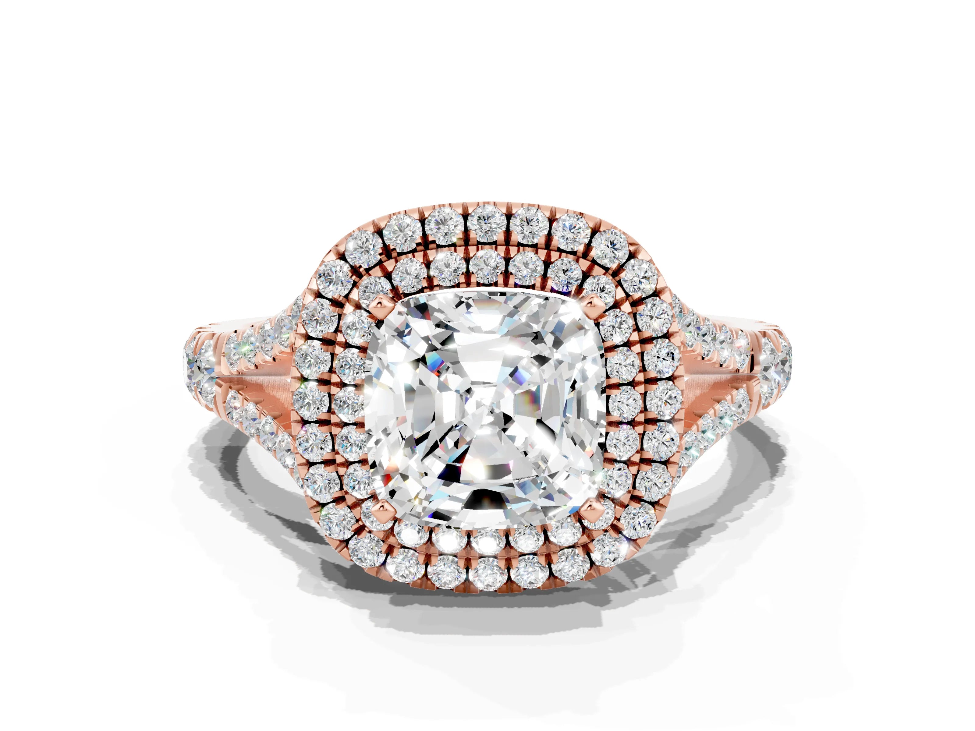Rose gold Cushion Cut Moissanite Double Halo Ring with Split Shank and Prong Setting_12