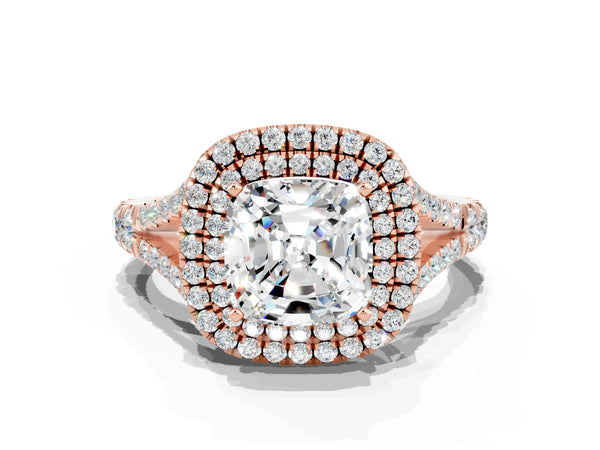 Rose gold Cushion Cut Moissanite Double Halo Ring with Split Shank and Prong Setting