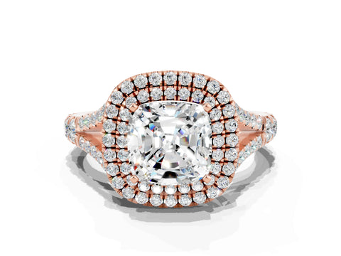 Rose gold Cushion Cut Moissanite Double Halo Ring with Split Shank and Prong Setting_12