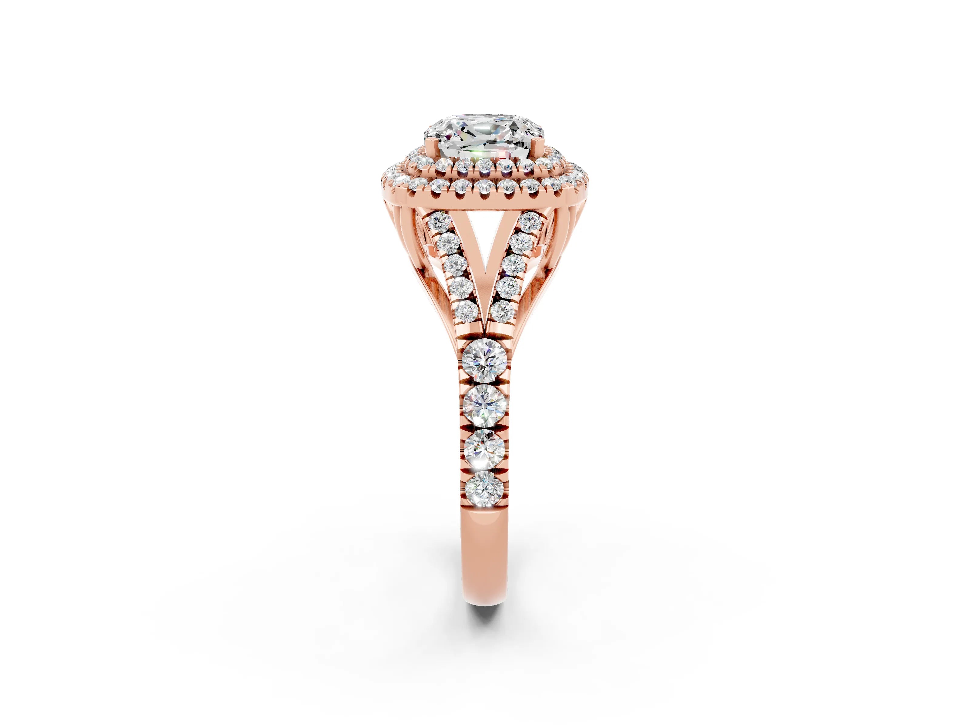 Rose gold Cushion Cut Moissanite Double Halo Ring with Split Shank and Prong Setting_14