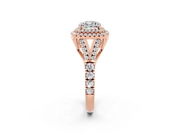 Rose gold Cushion Cut Moissanite Double Halo Ring with Split Shank and Prong Setting