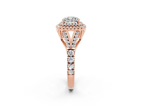 Rose gold Cushion Cut Moissanite Double Halo Ring with Split Shank and Prong Setting_14