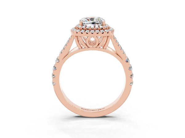 Rose gold Cushion Cut Moissanite Double Halo Ring with Split Shank and Prong Setting