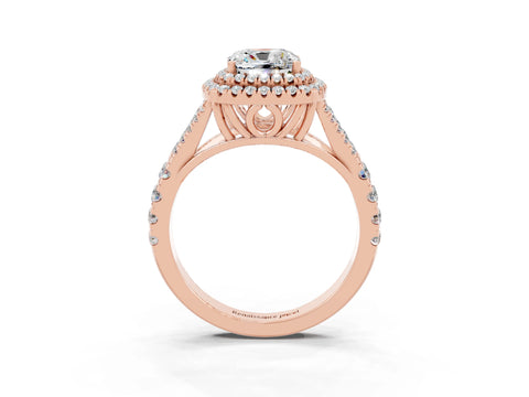 Rose gold Cushion Cut Moissanite Double Halo Ring with Split Shank and Prong Setting_15