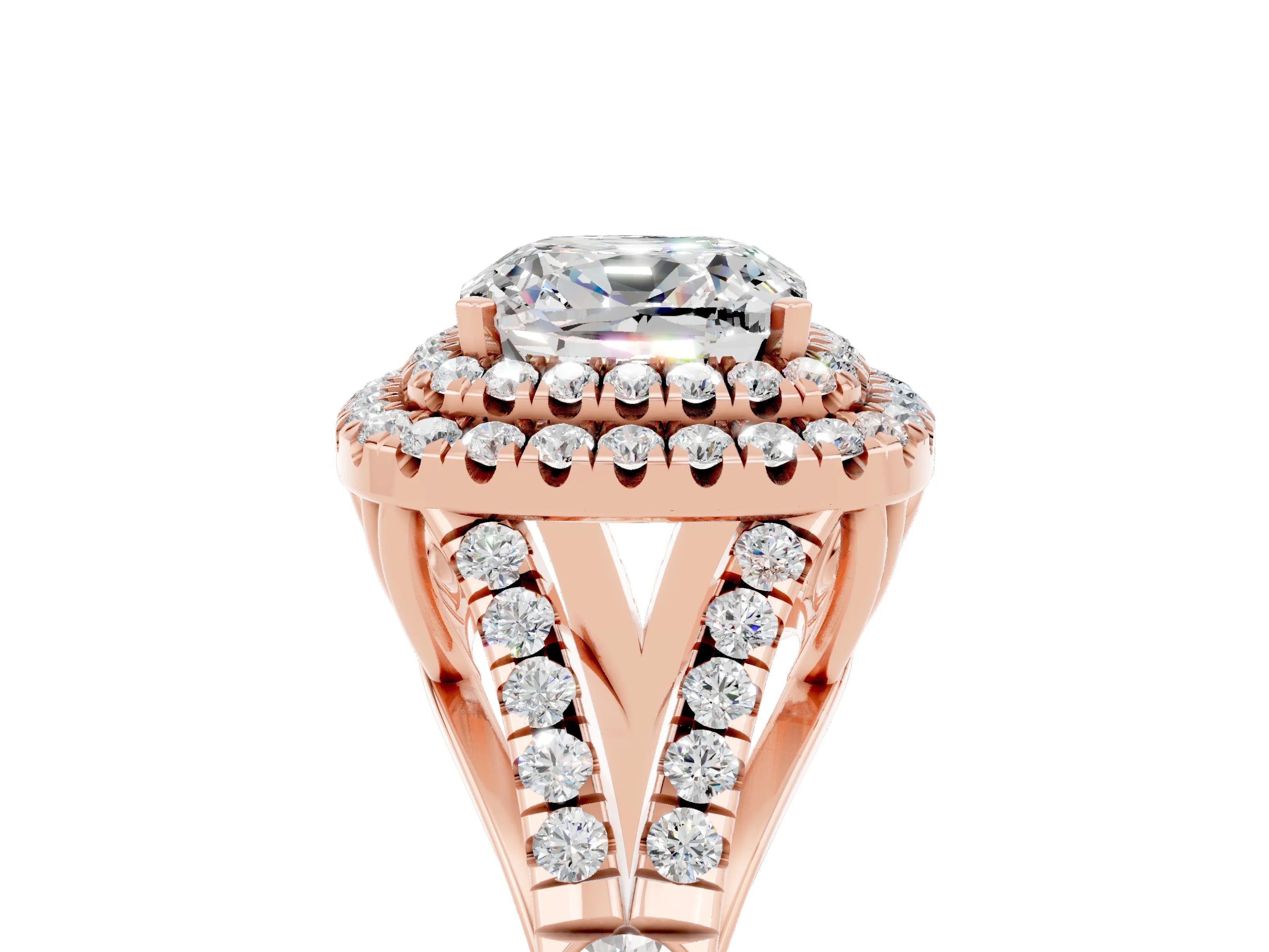 Rose gold Cushion Cut Moissanite Double Halo Ring with Split Shank and Prong Setting_17