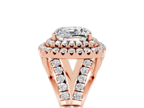 Rose gold Cushion Cut Moissanite Double Halo Ring with Split Shank and Prong Setting_17