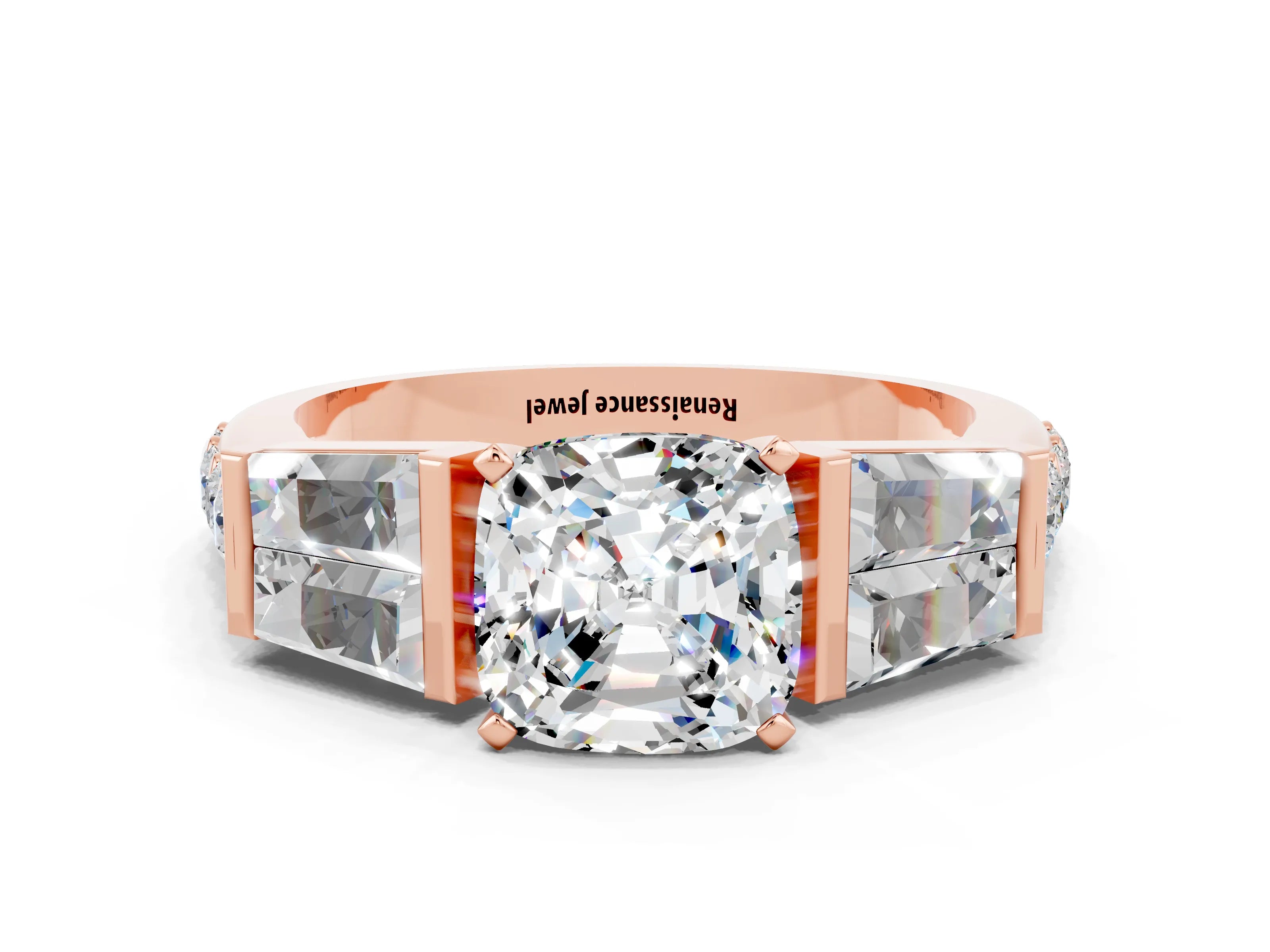 Rose gold Cushion Cut Moissanite Engagement Ring with Baguette Side Stones and Channel Set Band
