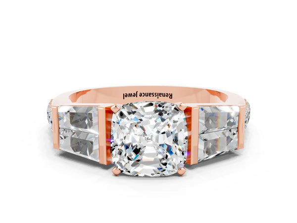 Rose gold Cushion Cut Moissanite Engagement Ring with Baguette Side Stones and Channel Set Band