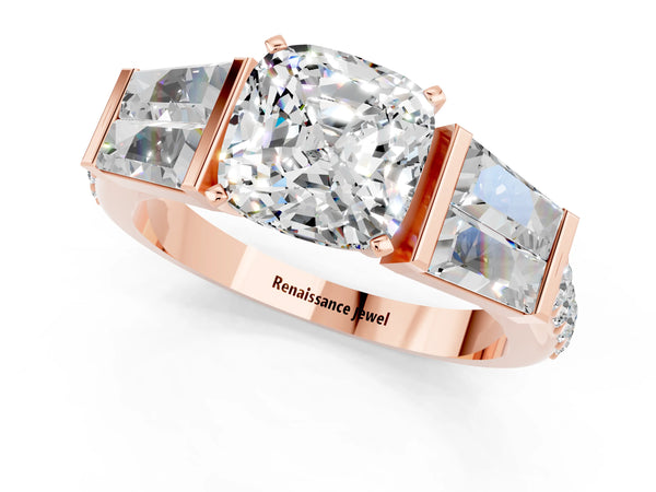 Rose gold Cushion Cut Moissanite Engagement Ring with Baguette Side Stones and Channel Set Band