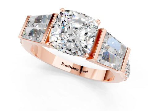 Rose gold Cushion Cut Moissanite Engagement Ring with Baguette Side Stones and Channel Set Band_1