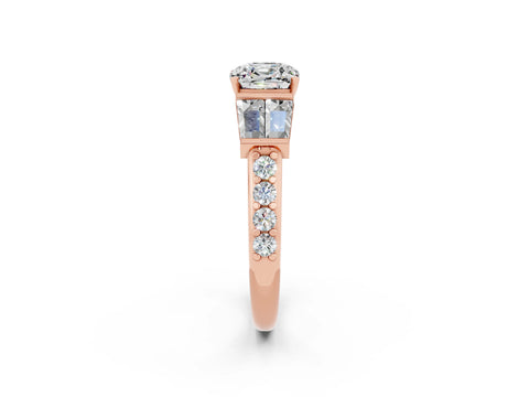 Rose gold Cushion Cut Moissanite Engagement Ring with Baguette Side Stones and Channel Set Band_2