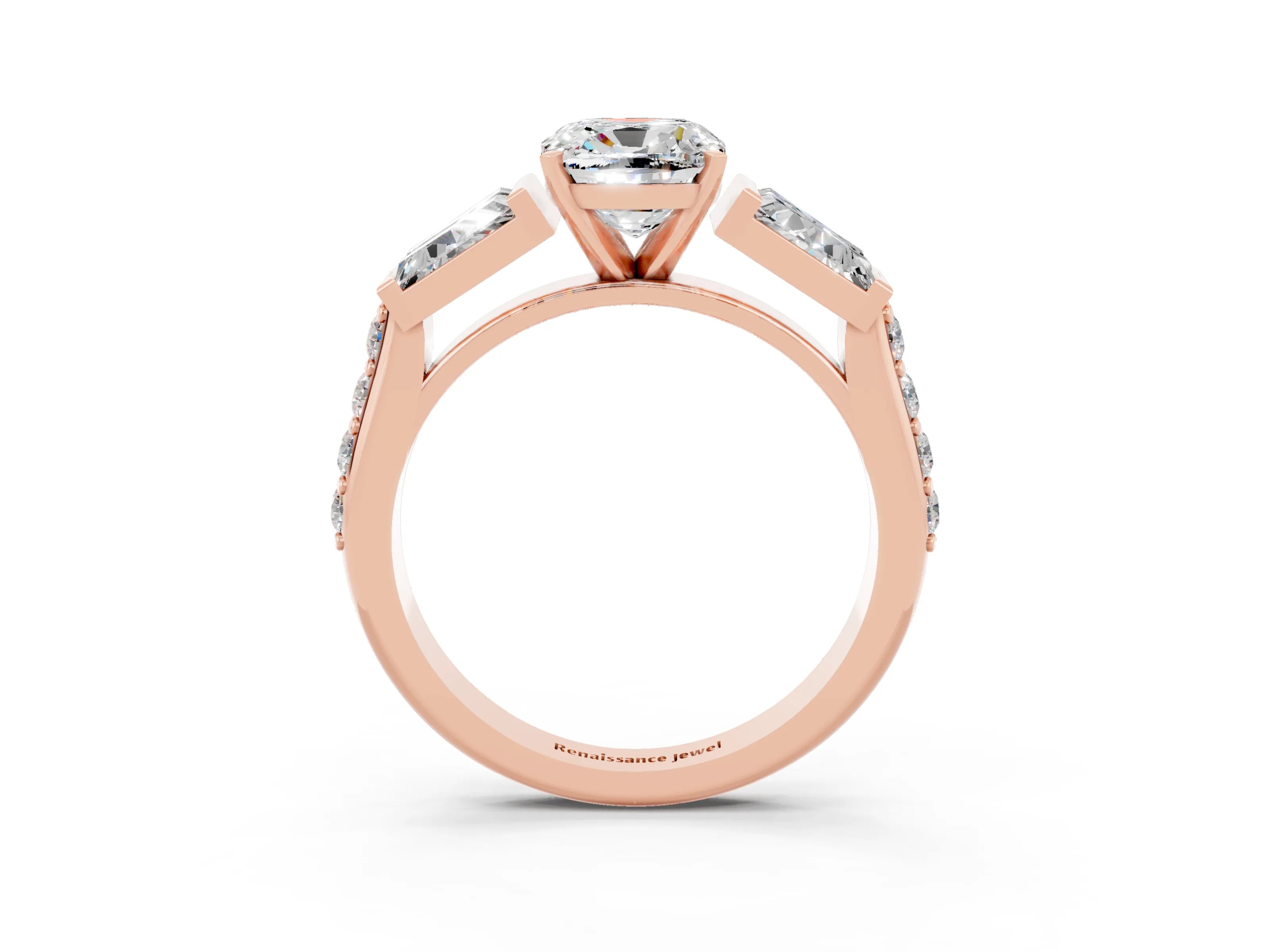 Rose gold Cushion Cut Moissanite Engagement Ring with Baguette Side Stones and Channel Set Band_3
