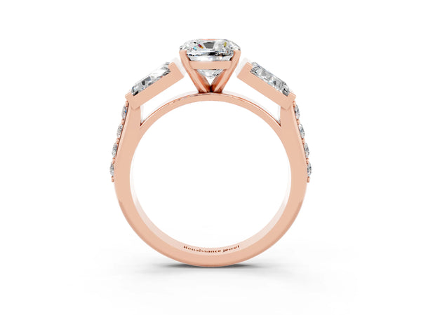 Rose gold Cushion Cut Moissanite Engagement Ring with Baguette Side Stones and Channel Set Band
