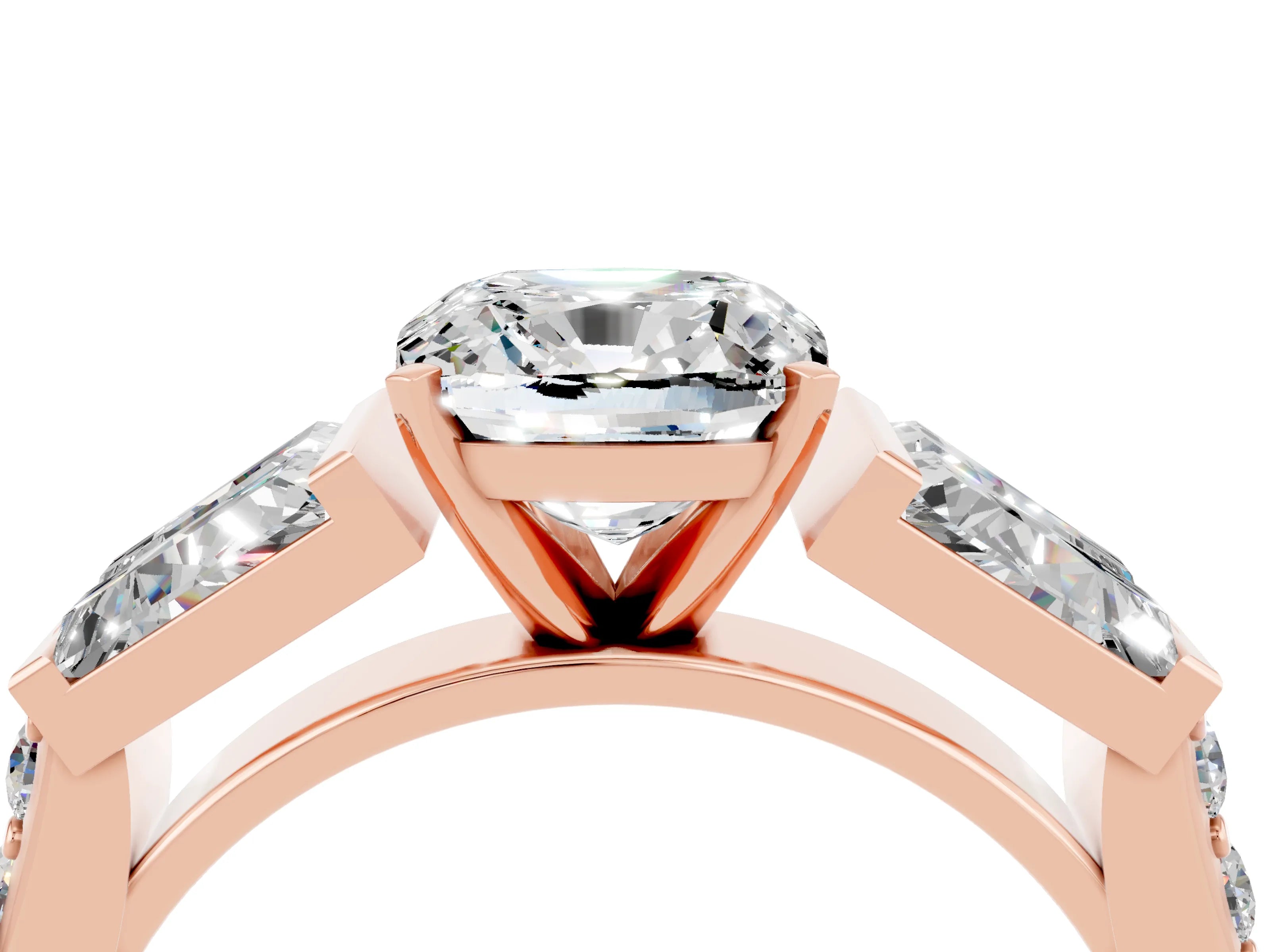 Rose gold Cushion Cut Moissanite Engagement Ring with Baguette Side Stones and Channel Set Band_4