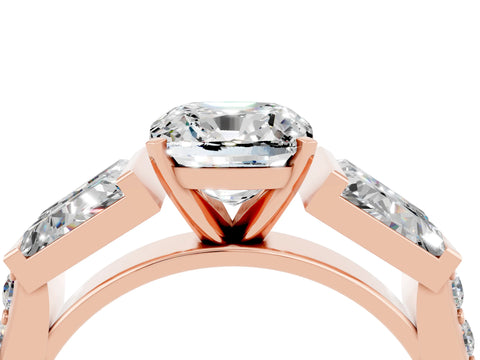 Rose gold Cushion Cut Moissanite Engagement Ring with Baguette Side Stones and Channel Set Band_4