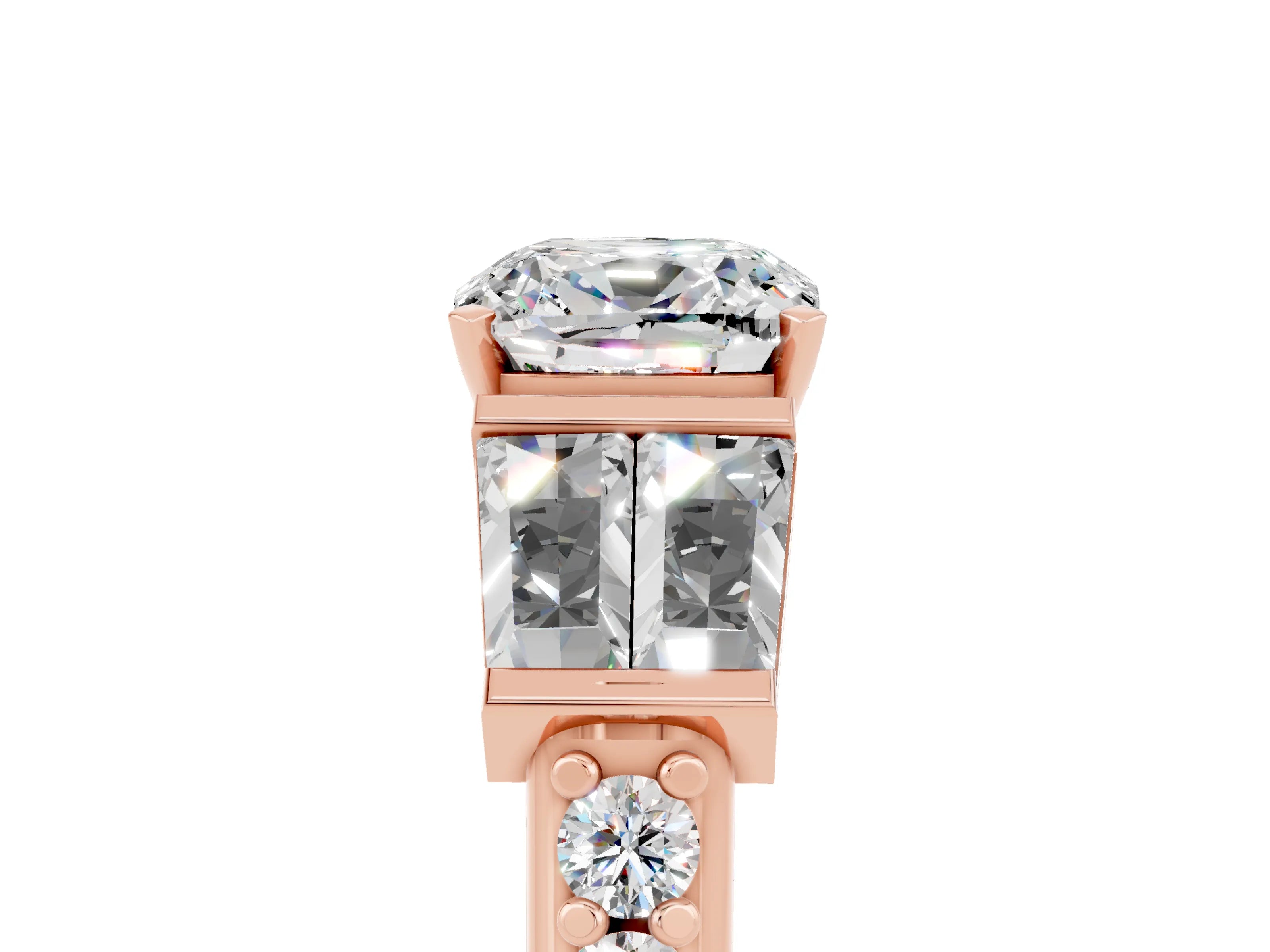 Rose gold Cushion Cut Moissanite Engagement Ring with Baguette Side Stones and Channel Set Band_5