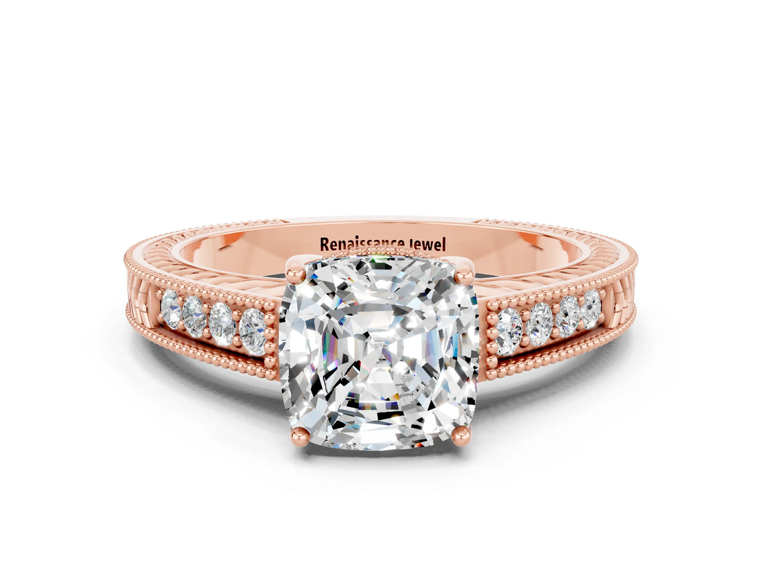 Rose gold Cushion Cut Moissanite Engagement Ring with Milgrain Channel Set Band and Prong Setting