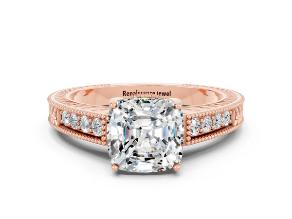 Rose gold Cushion Cut Moissanite Engagement Ring with Milgrain Channel Set Band and Prong Setting